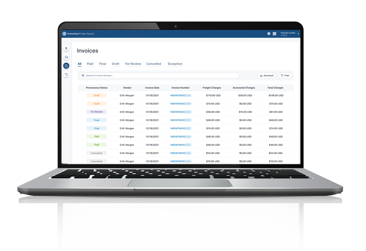 Computer screen showing ChronosCloud freight payment